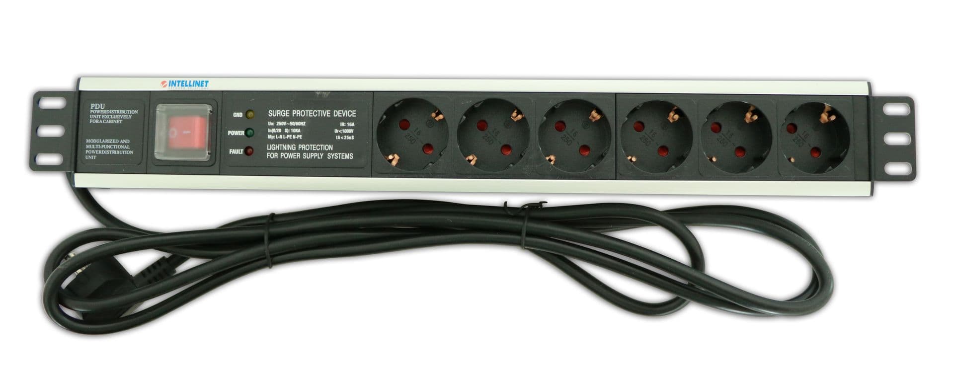 INTELLINET PDU 6x SCHUKO 19" 1,5U 3m kapcsolós Fekete