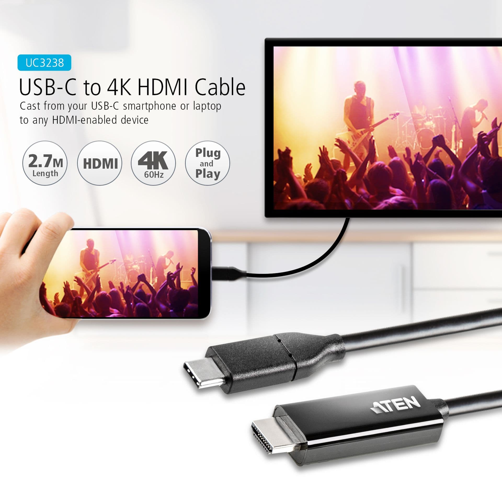 ATEN Converter USB-C to 4K HDMI (2.7M), UC3238-AT