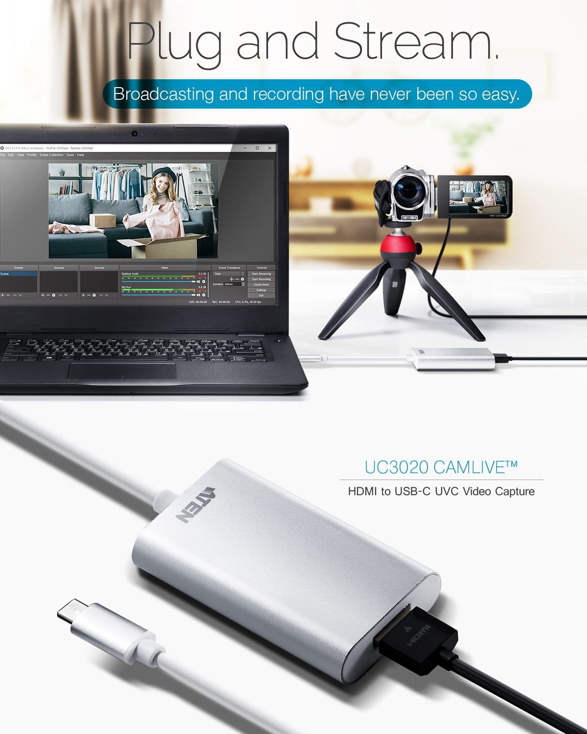 ATEN kábel CAMLIVE, HDMI to USB-C UVC Video Capture, UC3020-AT