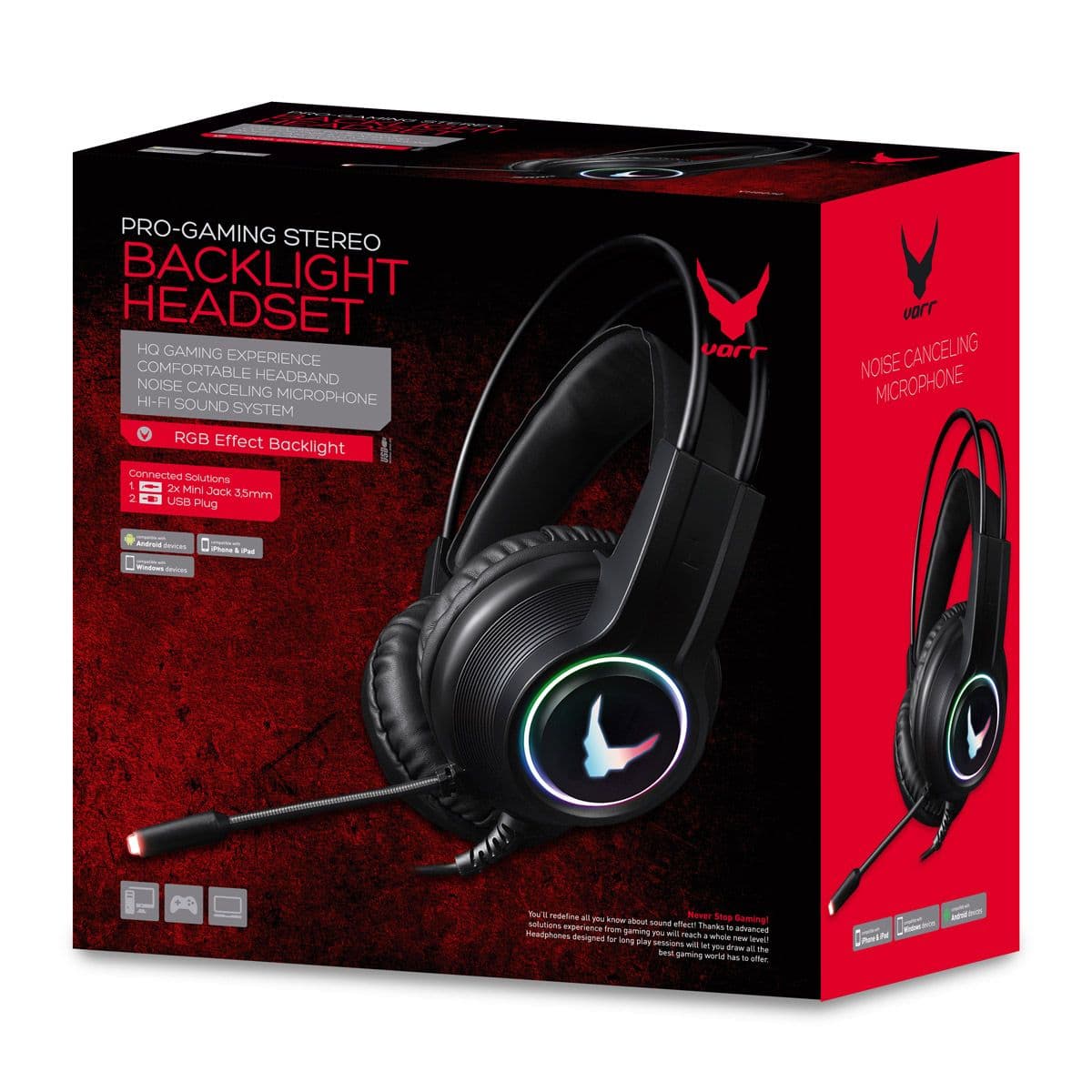 VARR Gaming Fejhallgató, RGB, 2x 3,5mm Jack, USB, fekete