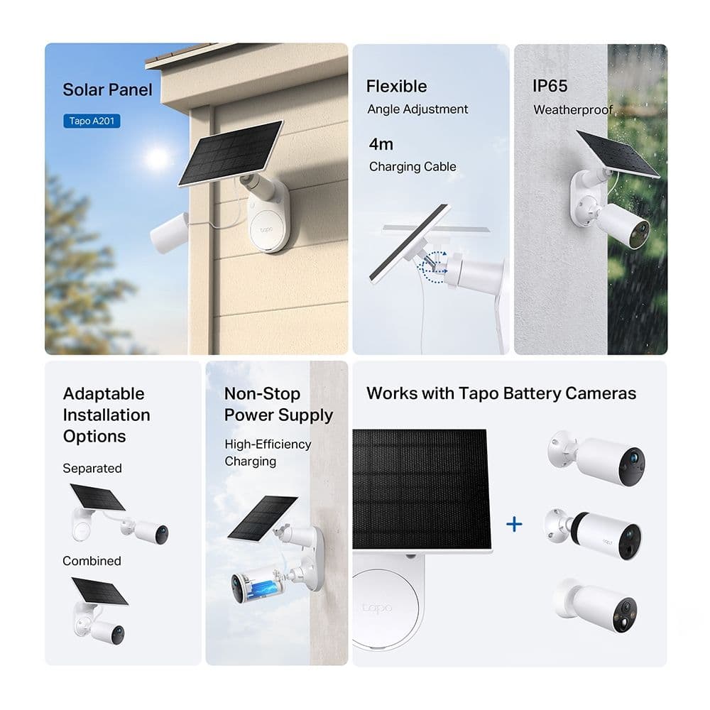 TP-LINK Tapo Okos Solar Panel IP65 360 fokos állítható tartóval, TAPO A201