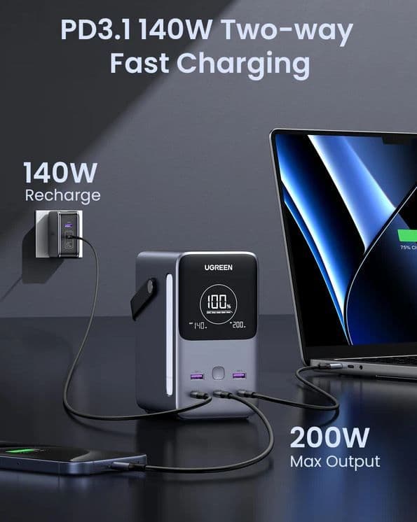 UGREEN Power Bank hordozható töltő 48000mAh, 300W, 2x USB-C, 2x USB-A, szürke