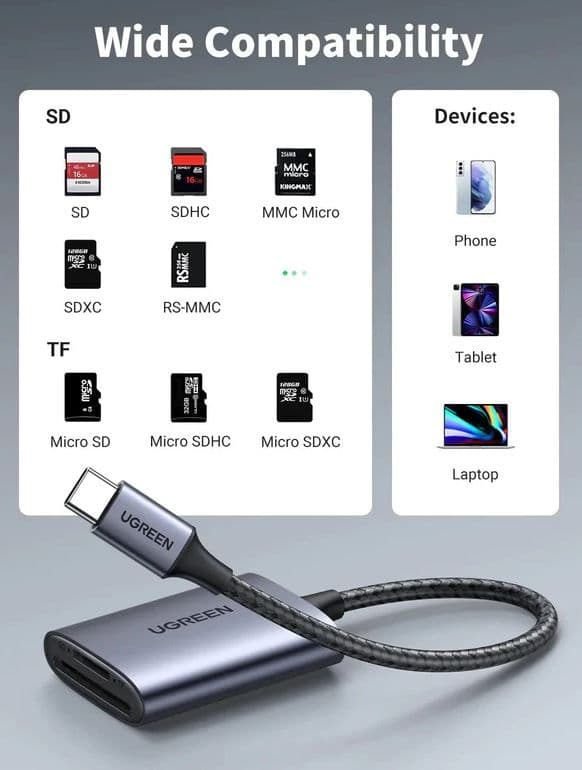 UGREEN 2 az 1-ben USB 3.0 USB-C SD Kártya kártyaolvasó 0.5m, fekete