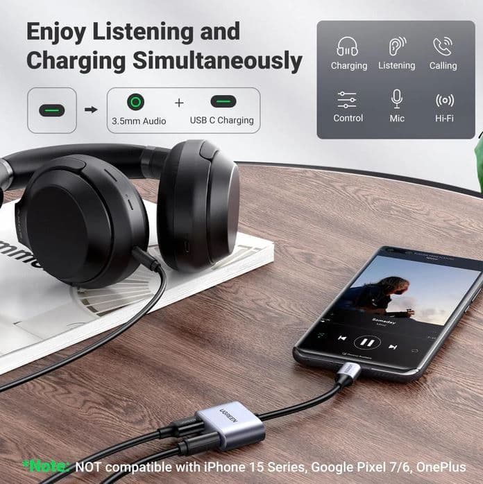 UGREEN Adapter USB-C - Audio 3,5mm Jack - USB-C M/F/F, 60W, PD, 0,25m, fekete