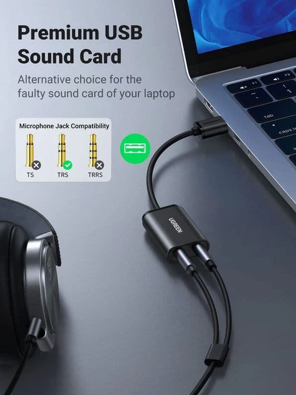 UGREEN Adapter USB-A - Headset Mikrofon és Audio, 3,5mm AUX konverter, M/F/F, fekete
