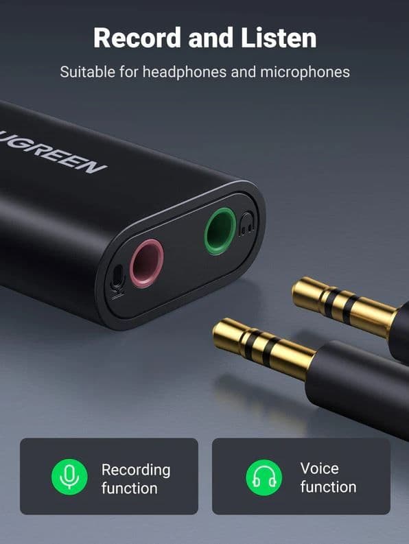 UGREEN Adapter USB-A - Headset Mikrofon és Audio, 3,5mm AUX konverter, M/F/F, fekete