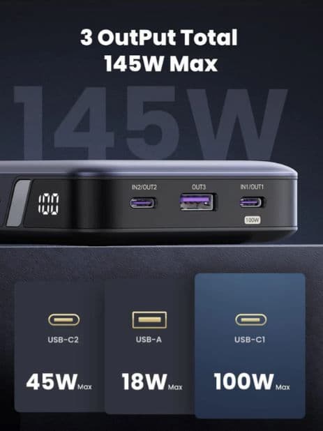 UGREEN Power Bank hordozható töltő 25000mAh, 145W, Dual töltő, szürke