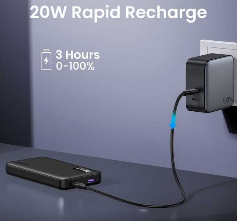 UGREEN Power Bank hordozható töltő, 10000mAh, 20W, USB-C, USB-A, fekete