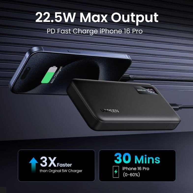 UGREEN Power Bank hordozható töltő, 10000mAh, 20W, USB-C, USB-A, fekete