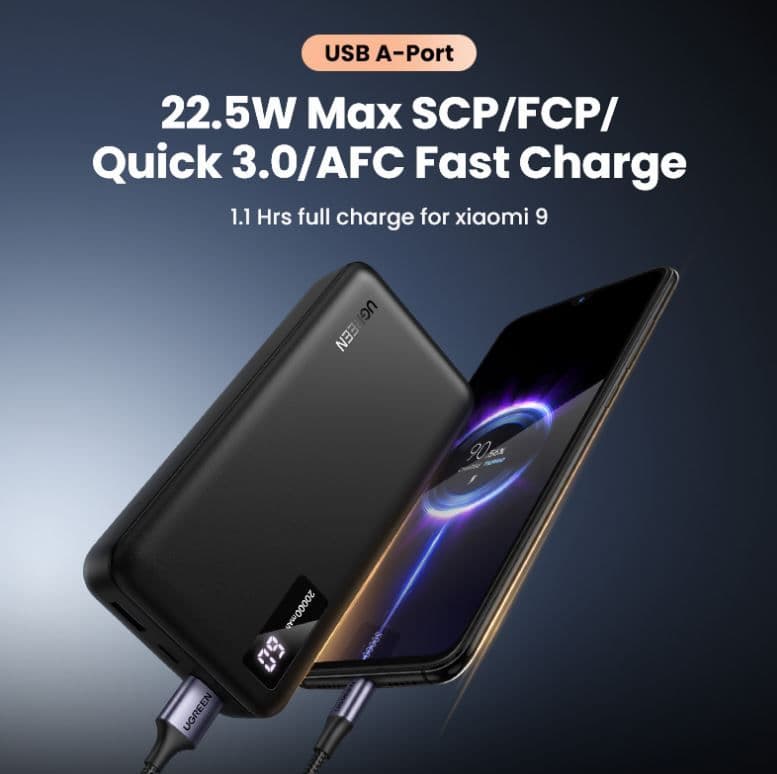 UGREEN Power Bank hordozható töltő, kétirányú, 20000mAh, 22,5W, USB-C, USB-A, fekete