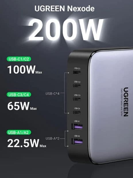 UGREEN Asztali hálózati töltő, 6 Port, GaN, 200W, 4x USB-C, 2x USB-A, 1m, szürke
