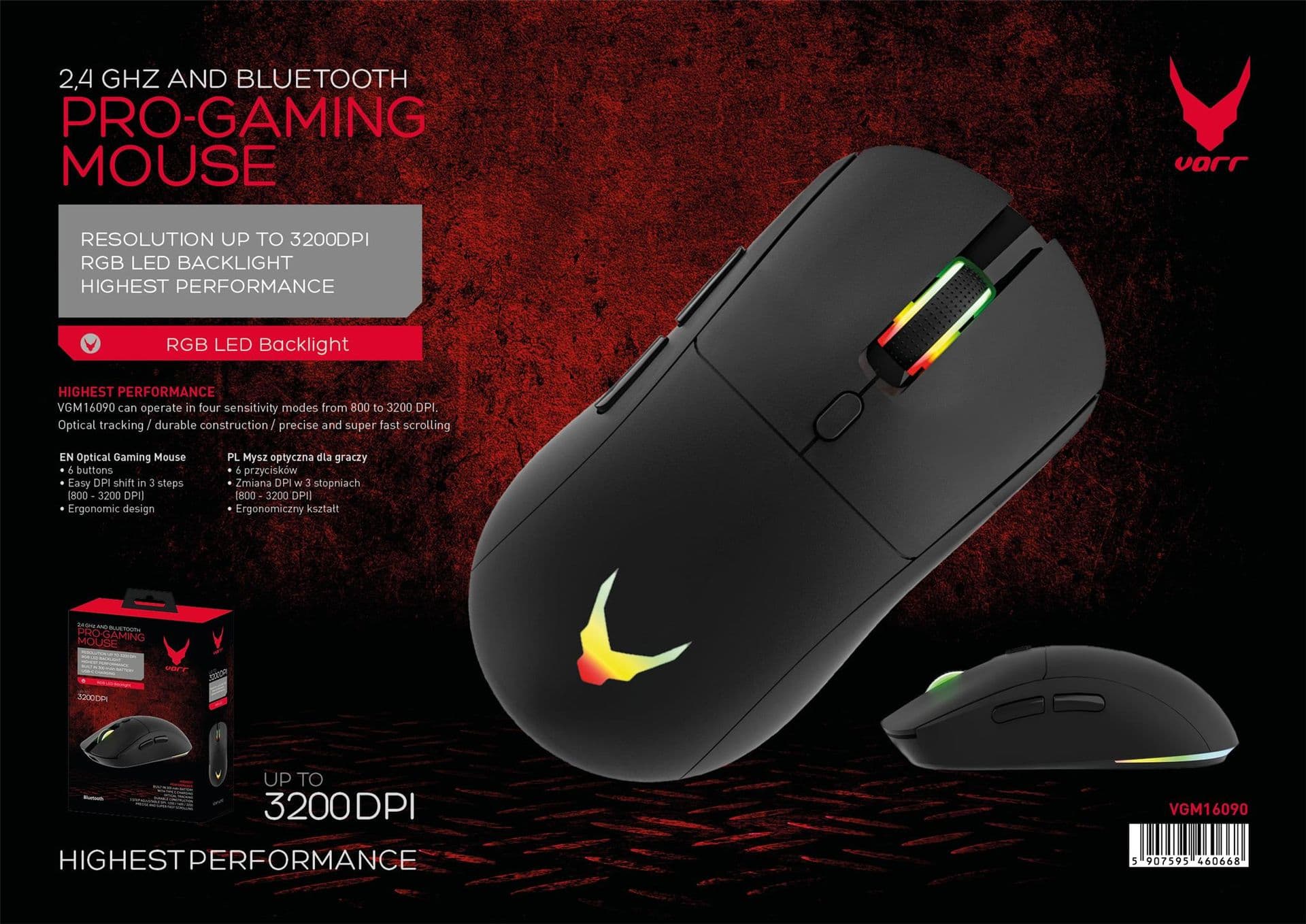 VARR Gaming Egér  vezeték nélküli, wireless + Bluetooth 2.4G, 6D, 3200 DPI, gamer, fekete