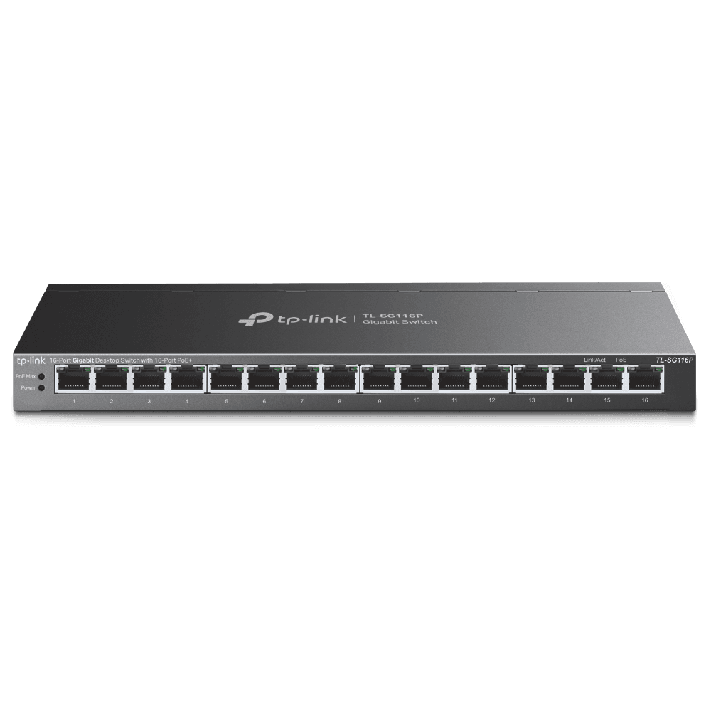 TP-LINK Switch 16x1000Mbps Fémházas Dekstop switch, PoE+ TL-SG116P