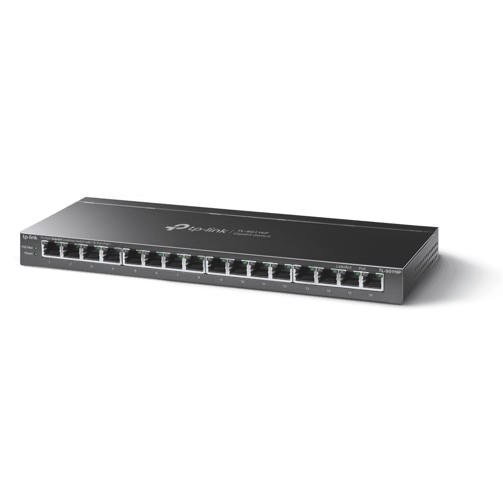 TP-LINK Switch 16x1000Mbps Fémházas Dekstop switch, PoE+ TL-SG116P