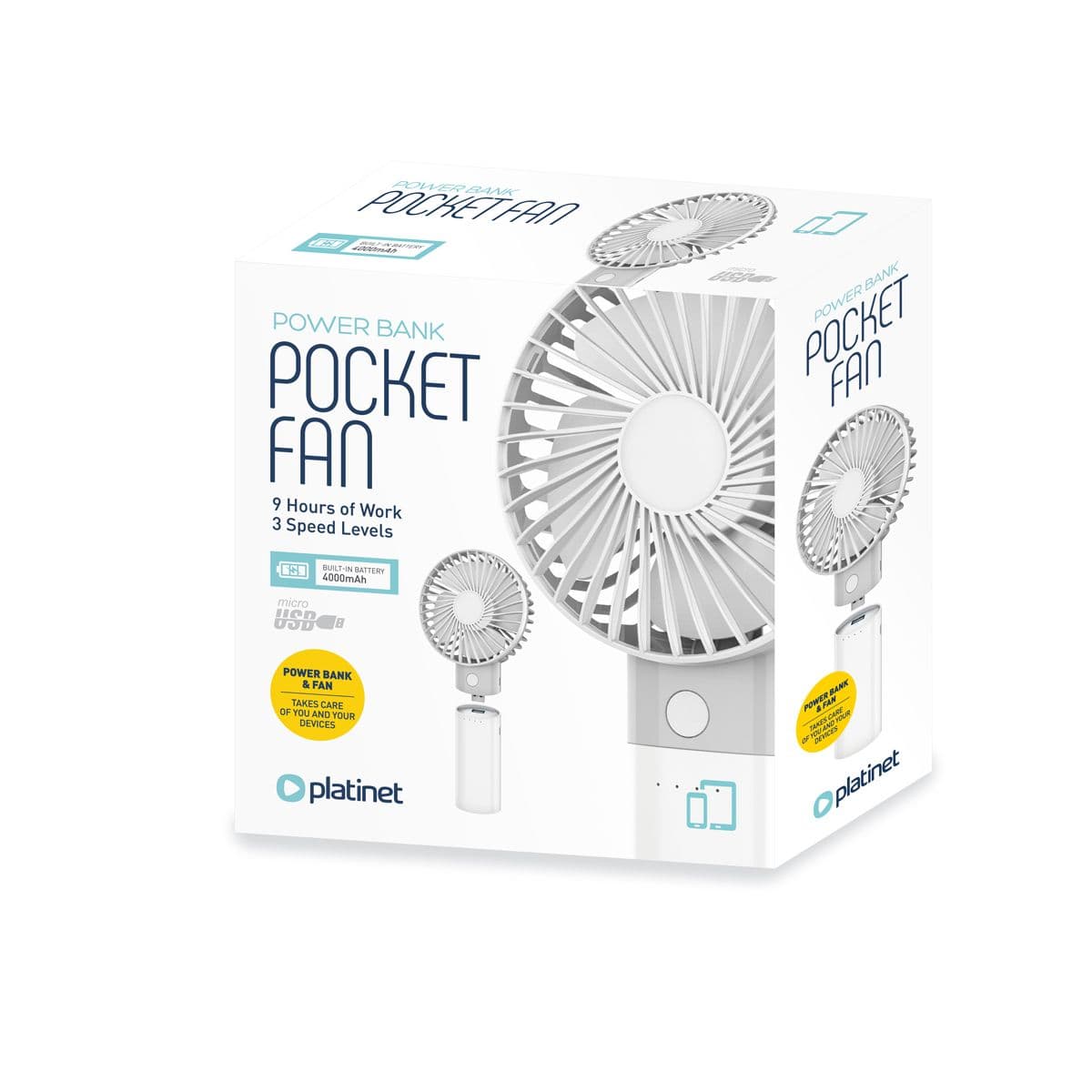 PLATINET Asztali ventilátor, akkumulátoros, 4000 mAh, 3 sebesség, fehér