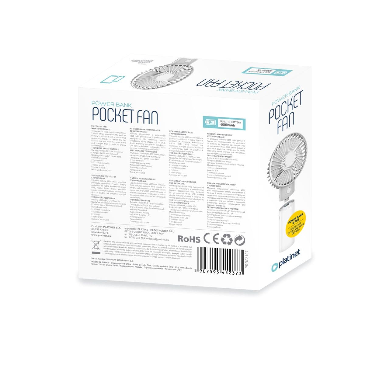 PLATINET Asztali ventilátor, akkumulátoros, 4000 mAh, 3 sebesség, fehér