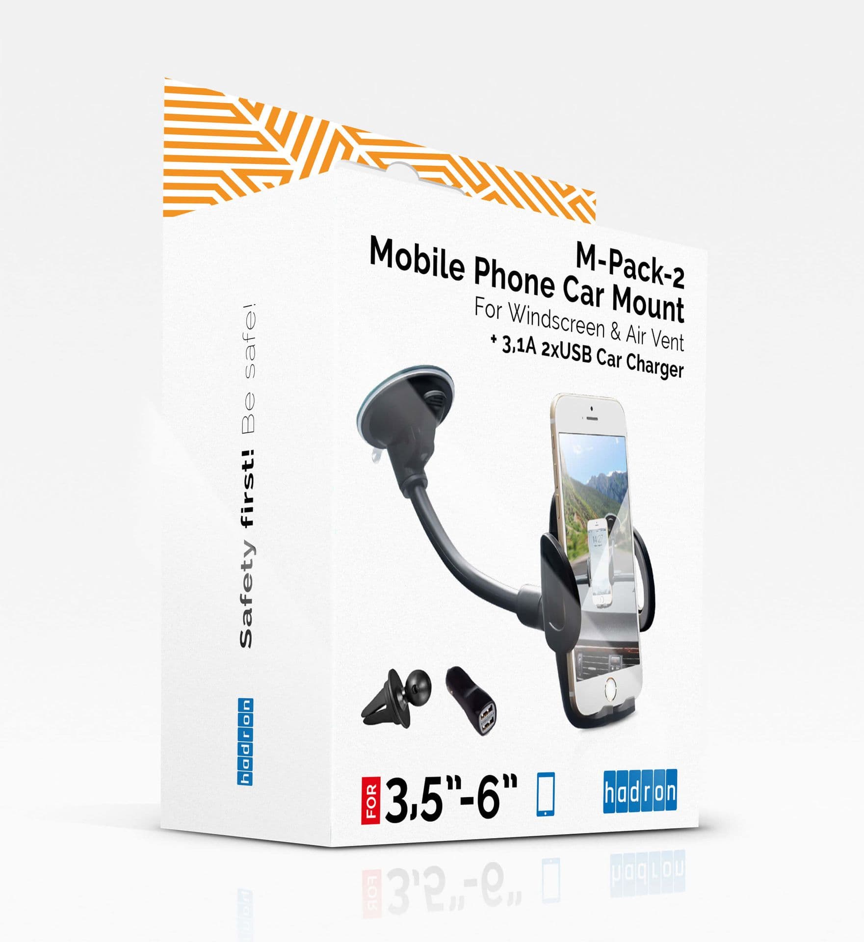 HADRON Autós mobiltelefon tartó 3,5"-6"-os készülékekhez és 2 USB portos szivargyújtó töltő (max. 3,1A-es) csomag