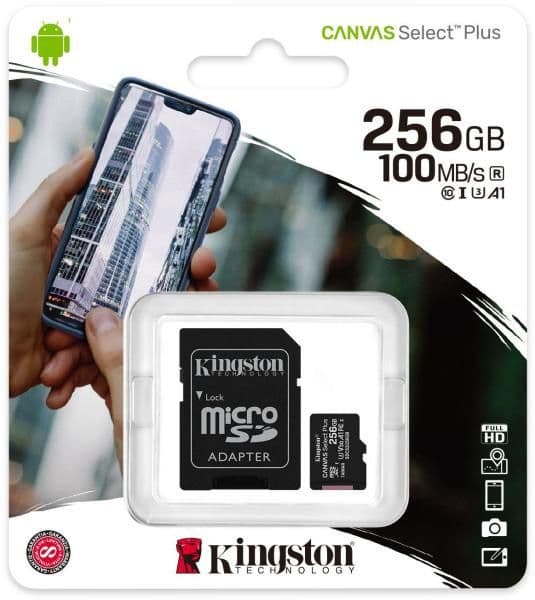 KINGSTON Memóriakártya 256GB MicroSDXC Canvas Select Plus 100R A1 C10 + Adapter