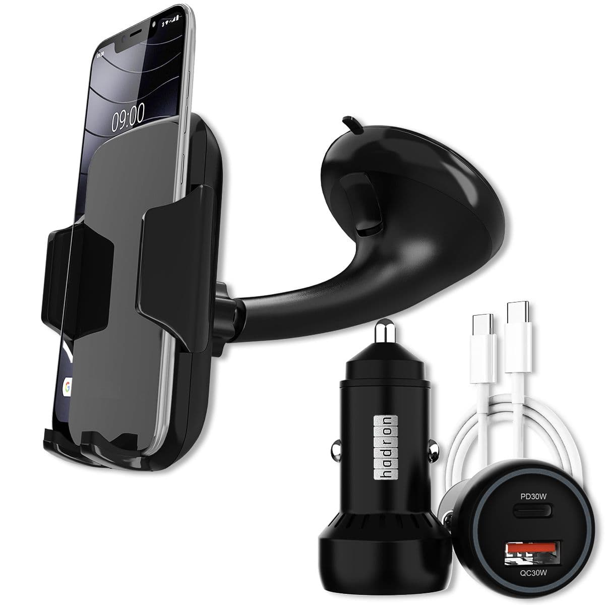 HADRON autós mobiltelefon tartó 4-7-os készülékekhez, 60W-os 2xUSB szivargyújtó gyorstöltő és USB-CUSB-C kábel