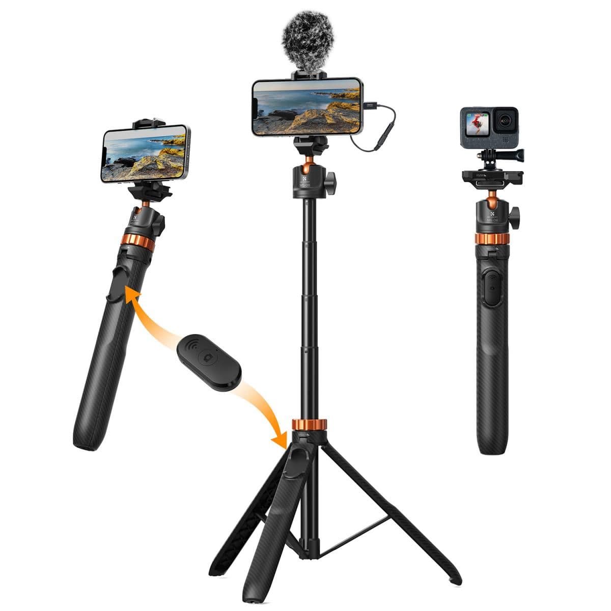 K&F Concept MS08 állvány, selfie bot, gömbfejjel, Gopro adapter, telefon adapter, bluetooth kioldó