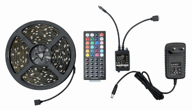 GEMBIRD LED Szalag, öntapadós többszínű RGB LED fénycsík, IP65 vízállóság, távirányítóval, 44 gombal, 5m