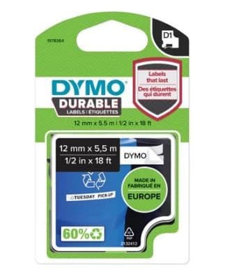 DYMO Tartós D1-es szalag 12mmx5,5m, fekete/fehé