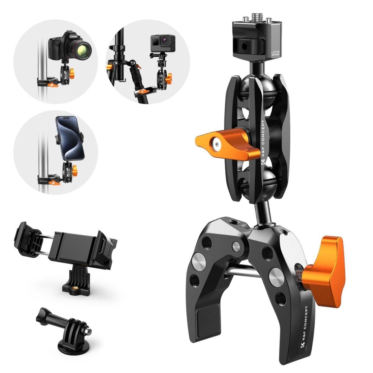 K&F Concept MS13 multifunkciós rögzítő bilincs, satu, magic arm, telefontartó adapter, Gopro adapter