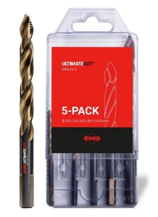 RUKO ULTIMATECUT fúrószár (csigafúró) készlet, O4mm-10mm, HSSCo5, DIN338, 5 részes, FLOWSTEP® lépcsőzetes csúccsal, 2592