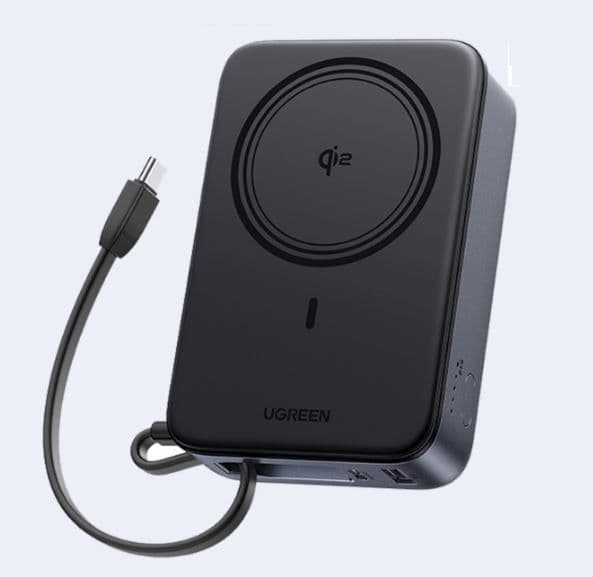 UGREEN Power Bank hordozható töltő 20000mAh, Kihúzható kábellel, Vezeték nélküli töltő, 15W. Qi2, fekete