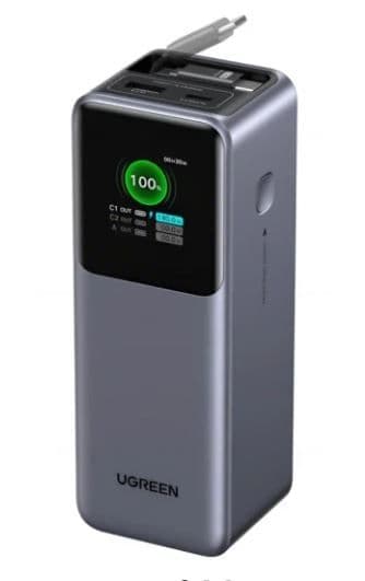 UGREEN Power Bank hordozható töltő, Nexode Power Bank 20000mAh, kihúzható kábellel, 165W, Digitális kijelzés, szürke